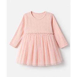 Bonfino 100% Cotton Pointelle Full Sleeves Frock Onesies - Light Pink