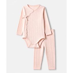 Bonfino 100% Cotton Elastane Knit Full Sleeves Onesies With Leggings & Bow Applique - Light Pink