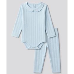 Bonfino 100% Cotton Pointelle Full Sleeves Peter Pan Collar Onesies With Leggings - Light Blue