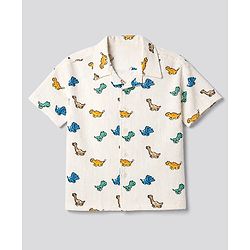 Bonfino 100% Cotton Woven Slub Resort Collar Shirt with Half Sleeves and Dinosaur Print - Off White