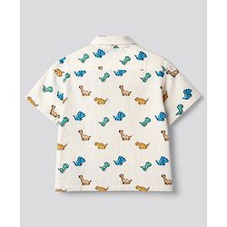 Bonfino 100% Cotton Woven Slub Resort Collar Shirt with Half Sleeves and Dinosaur Print - Off White