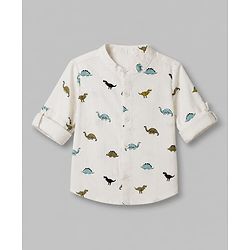 Bonfino 100% Cotton Woven Full Sleeves Dino Printed Slub Shirts - OffWhite