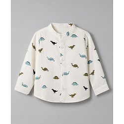 Bonfino 100% Cotton Woven Full Sleeves Dino Printed Slub Shirts - OffWhite