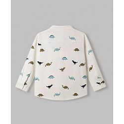 Bonfino 100% Cotton Woven Full Sleeves Dino Printed Slub Shirts - OffWhite