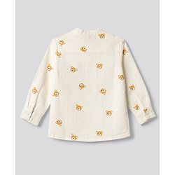 Bonfino 100% Cotton Woven Full Sleeves Bear Embroidery Shirt - OffWhite
