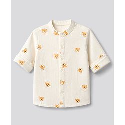 Bonfino 100% Cotton Woven Full Sleeves Bear Embroidery Shirt - OffWhite