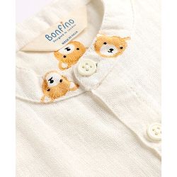 Bonfino 100% Cotton Woven Full Sleeves Bear Embroidery Shirt - OffWhite