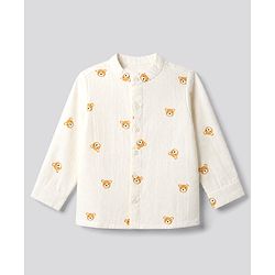 Bonfino 100% Cotton Woven Full Sleeves Bear Embroidery Shirt - OffWhite