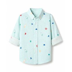Bonfino 100% Cotton Woven Slub Shirt with Full Sleeves and Alphabets Rocket Varsity Print - Light Blue