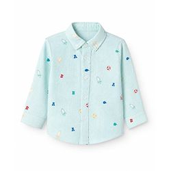Bonfino 100% Cotton Woven Slub Shirt with Full Sleeves and Alphabets Rocket Varsity Print - Light Blue