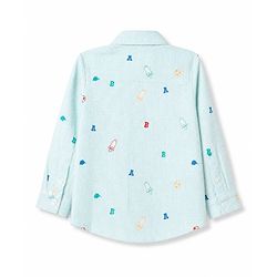 Bonfino 100% Cotton Woven Slub Shirt with Full Sleeves and Alphabets Rocket Varsity Print - Light Blue