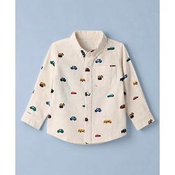 Bonfino 100% Cotton Slub Woven Shirt with Full Sleeves and Cars Print - Beige