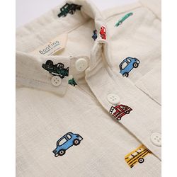 Bonfino 100% Cotton Slub Woven Shirt with Full Sleeves and Cars Print - Beige