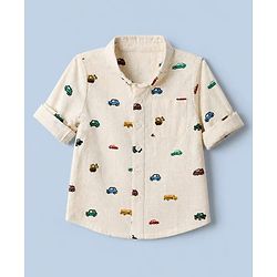 Bonfino 100% Cotton Slub Woven Shirt with Full Sleeves and Cars Print - Beige