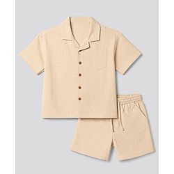 Bonfino 100% Cotton Woven Half Sleeves Shirt and Shorts with Chest Pocket in Beige for 9-12 Months