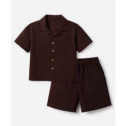 Bonfino 100% Cotton Woven Half Sleeves Shirt and Shorts Set with Knee Length in Dark Brown for 9-12 Months