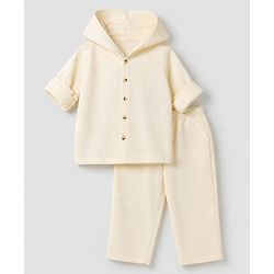 Bonfino 100% Cotton Woven Full Sleeves Hooded Relaxed Fit Pull On Shirt & Pants Set - Beige
