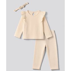 Bonfino Cotton Elastane Knit Full Sleeves T-Shirt & Leggings Set With Headband - Peach