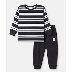 Bonfino Cotton Rib Knit Full Sleeves T-Shirt and Cargo Joggers with Striped Print - Black