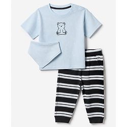 Bonfino Cotton Rib Knit Half Sleeves T-Shirt and Joggers with Bib & Bear Print - Blue
