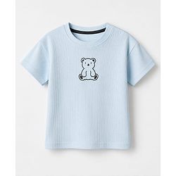 Bonfino Cotton Rib Knit Half Sleeves T-Shirt and Joggers with Bib & Bear Print - Blue