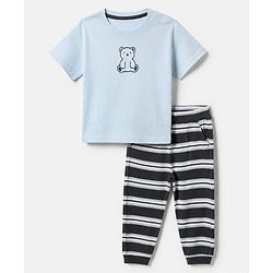 Bonfino Cotton Rib Knit Half Sleeves T-Shirt and Joggers with Bib & Bear Print - Blue