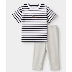 Bonfino Cotton Knit Half Sleeves Striped T-Shirt and Pant with Drop-Shoulder Sleeves and Kind Applique - Black