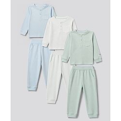 Bonfino Cotton Elastane Rib Knit Solid and Yarn Dyed Henley Full Sleeves Solid T-Shirt and Pajama Night Suit Pack Of 3 - Light Green White Light Blue