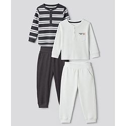 Bonfino Cotton Elastane Rib Knit Solid and Yarn Dyed Henley Full Sleeves Striped T-Shirt and Solid Pajama Night Suit Pack Of 2 - Charcoal Grey & White