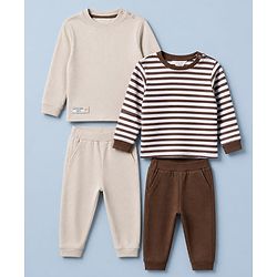 Bonfino Cotton Elastane Rib Knit Solid and Yarn Dyed Henley Full Sleeves T-Shirt and Solid Pyjama Night Suit Pack Of 2 - Beige & Brown