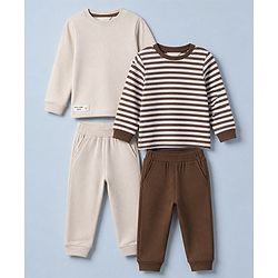 Bonfino Cotton Elastane Rib Knit Solid and Yarn Dyed Henley Full Sleeves T-Shirt and Solid Pyjama Night Suit Pack Of 2 - Beige & Brown