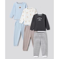 Bonfino Cotton Elastane Rib Knit Solid and Yarn Dyed Henley Full Sleeves Solid T-Shirt and Striped Pajama Night Suit with Bear & Big Happy Smile Text Print Pack Of 3 - Charcoal Grey Light Blue & White