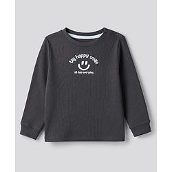Bonfino Cotton Elastane Rib Knit Solid and Yarn Dyed Henley Full Sleeves Solid T-Shirt and Striped Pajama Night Suit with Bear & Big Happy Smile Text Print Pack Of 3 - Charcoal Grey Light Blue & White