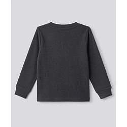 Bonfino Cotton Elastane Rib Knit Solid and Yarn Dyed Henley Full Sleeves Solid T-Shirt and Striped Pajama Night Suit with Bear & Big Happy Smile Text Print Pack Of 3 - Charcoal Grey Light Blue & White
