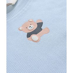 Bonfino Cotton Elastane Rib Knit Solid and Yarn Dyed Henley Full Sleeves Solid T-Shirt and Striped Pajama Night Suit with Bear & Big Happy Smile Text Print Pack Of 3 - Charcoal Grey Light Blue & White