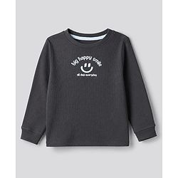 Bonfino Cotton Elastane Rib Knit Solid and Yarn Dyed Henley Full Sleeves Solid T-Shirt and Striped Pajama Night Suit with Bear & Big Happy Smile Text Print Pack Of 3 - Charcoal Grey Light Blue & White