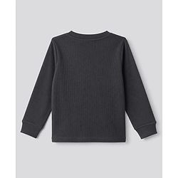 Bonfino Cotton Elastane Rib Knit Solid and Yarn Dyed Henley Full Sleeves Solid T-Shirt and Striped Pajama Night Suit with Bear & Big Happy Smile Text Print Pack Of 3 - Charcoal Grey Light Blue & White