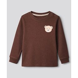 Bonfino Cotton Elastane Rib Knit Yarn Dyed Full Sleeves T-Shirt & Striped Pajama Night Suit with Polar Bear Print - Brown