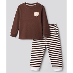 Bonfino Cotton Elastane Rib Knit Yarn Dyed Full Sleeves T-Shirt & Striped Pajama Night Suit with Polar Bear Print - Brown