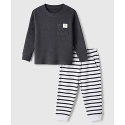 Bonfino Cotton Elastane Rib Knit Solid Full Sleeves T-Shirt and Yarn dyed Pyjama Set - Charcoal Grey