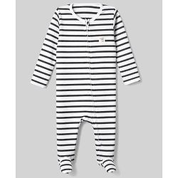 Bonfino Cotton Elastane Rib Knit Yarn Dyed Full Sleeves Front Open Footed Sleep Suits with Stripes Pack Of 3 - White, Black & Light Grey
