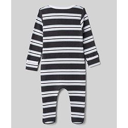 Bonfino Cotton Elastane Rib Knit Yarn Dyed Full Sleeves Front Open Footed Sleep Suits with Stripes Pack Of 3 - White, Black & Light Grey