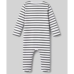 Bonfino Cotton Elastane Rib Knit Yarn Dyed Full Sleeves Front Open Footed Sleep Suits with Stripes Pack Of 3 - White, Black & Light Grey