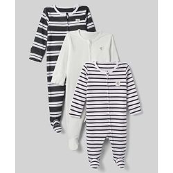 Bonfino Cotton Elastane Rib Knit Yarn Dyed Full Sleeves Front Open Footed Sleep Suits with Stripes Pack Of 3 - White, Black & Light Grey