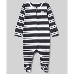 Bonfino Cotton Elastane Rib Knit Yarn Dyed Full Sleeves Front Open Footed Sleep Suits with Stripes Pack Of 3 - White, Black & Light Grey