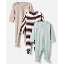 Bonfino Cotton Elastane Rib Knit Yarn Dyed Full Sleeves Striped Front Open Full Length Sleep Suits Pack of 3 in Beige Green Black