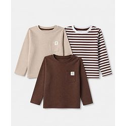 Bonfino Cotton Elastane Lycra Rib Knit Yarn Dyed and Solid T-Shirts with Full Sleeves and Stripes with Always Happy Text Patch Pack of 3 - Brown Beige White