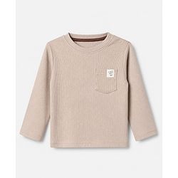 Bonfino Cotton Elastane Lycra Rib Knit Yarn Dyed and Solid T-Shirts with Full Sleeves and Stripes with Always Happy Text Patch Pack of 3 - Brown Beige White