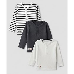 Bonfino Cotton Elastane Lycra Rib Knit Yarn Dyed and Solid T-Shirts with Full Sleeves and Stripes with Konichiwa Tokyo Text Patch Pack of 3 - Grey White