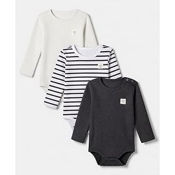Bonfino Cotton Elastane Rib Knit Yarn Dyed Solid Full Sleeves Onesies with Stripes Pack of 3 - Off White Black & White